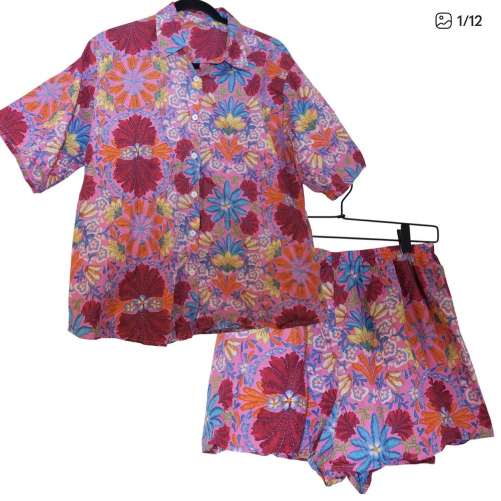 Olivaceous Floral Top and Shorts Button Down Short Sleeve Pull On Shorts Set